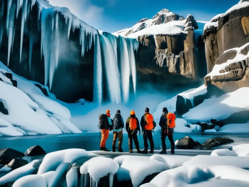 Cursos de supervivencia en climas extremos: grupo en cascada helada, instructor, paisaje, preparación