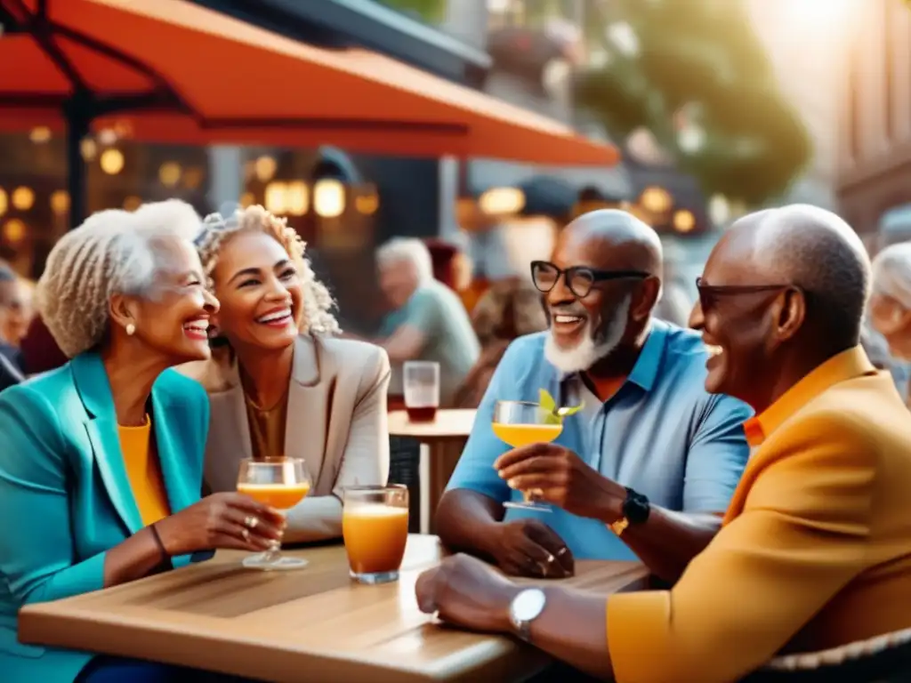 Grupo diverso de jubilados disfrutando en un café al aire libre, ilustrando la preparación financiera para jubilados