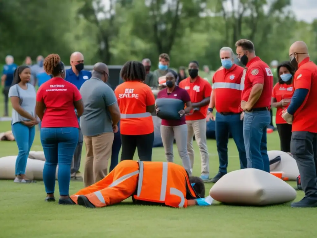 Grupos preparacionismo éxito: Entusiastas aprendiendo y entrenando en actividades de primeros auxilios, extinción de incendios y compra de suministros