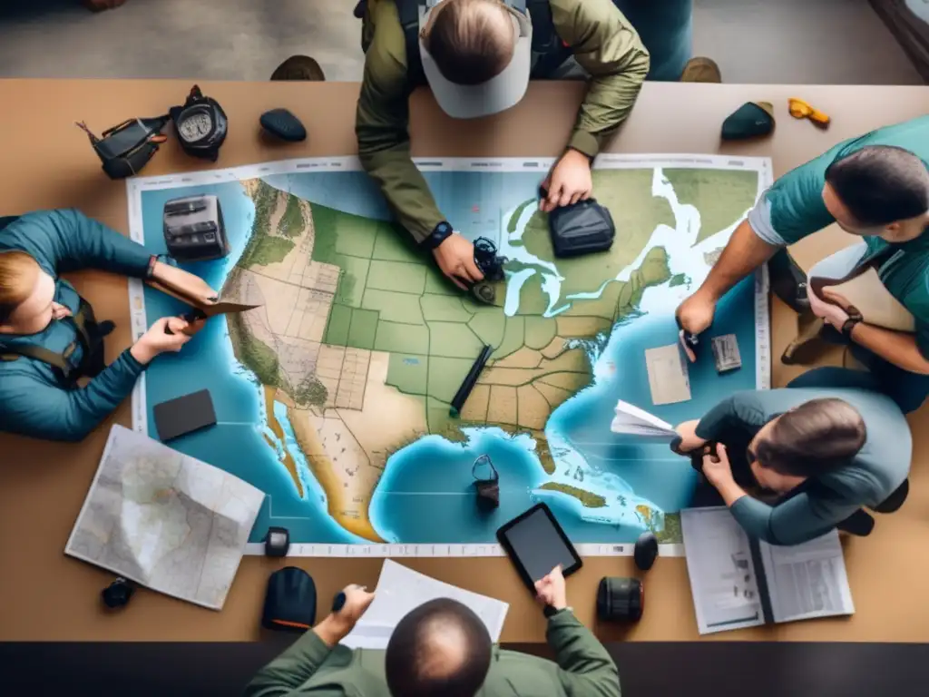 Técnicas de orientación con mapas para preppers: Grupo de preppers discutiendo alrededor de un mapa detallado de 8k, con herramientas dispersas