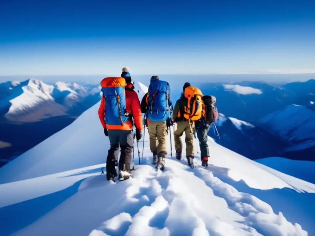 Taller invierno preppers: Grupo resiliente en la cima de una montaña nevada, aprendiendo habilidades de supervivencia en un paisaje impresionante