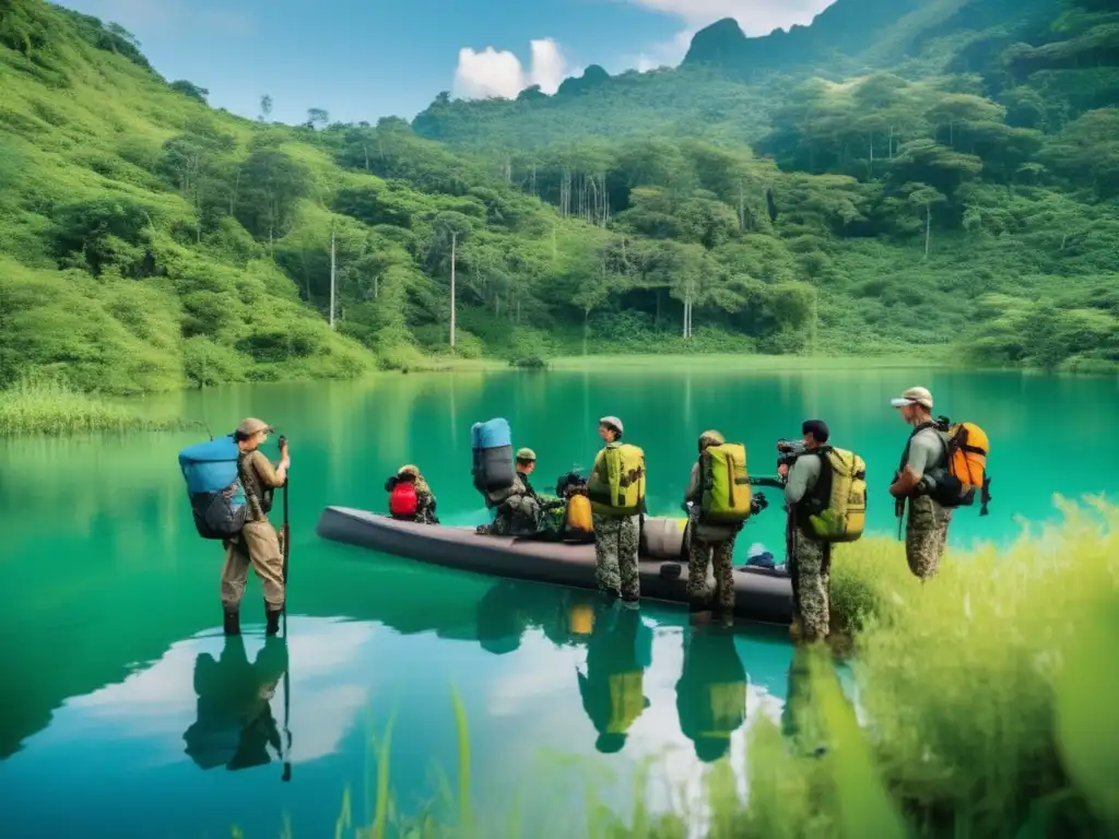 Seminarios supervivencia: individuos en equipo, naturaleza exuberante, agua cristalina, equipados y determinados