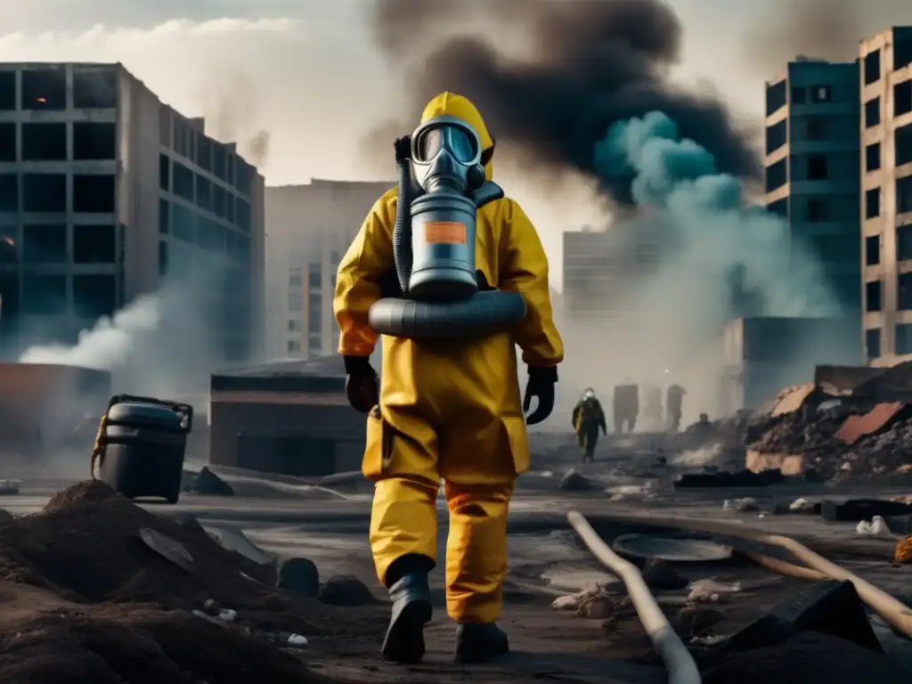 Persona en traje de protección química en paisaje urbano desolado, con humo tóxico de fondo