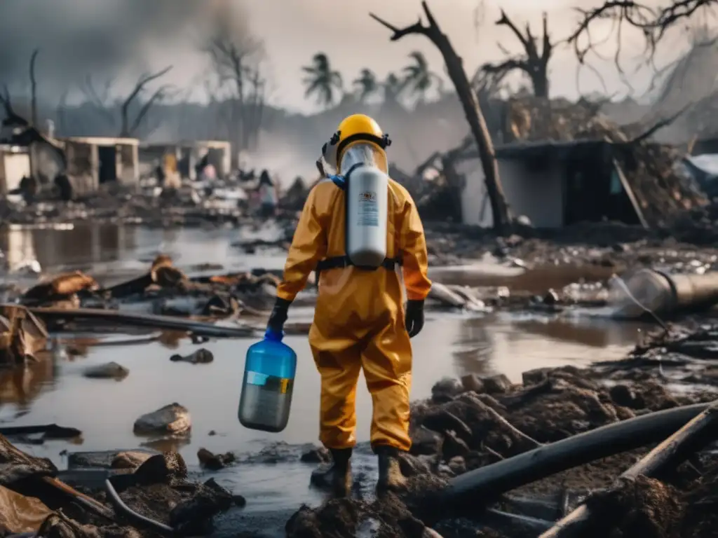 Persona en traje de protección en escena caótica tras desastre, purificación de agua en emergencias