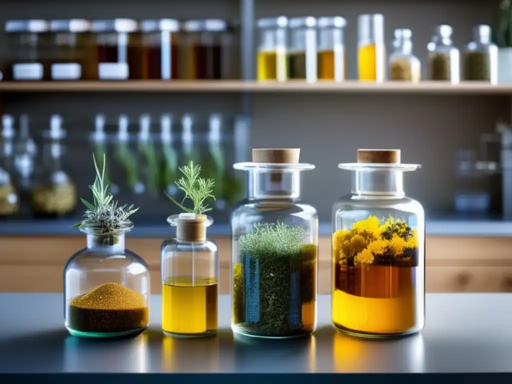 Vendas medicinales con plantas caseras: laboratorio moderno con contenedores de vidrio, hierbas secas vibrantes y equipo científico