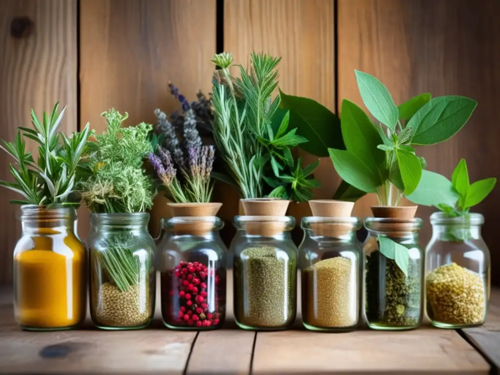 Tés medicinales caseros: colección de hierbas y especias secas en una mesa de madera rústica, transmitiendo preparacionismo