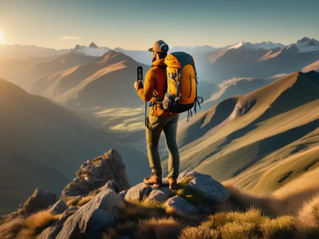 Hiker en acantilado, montañas, brújula