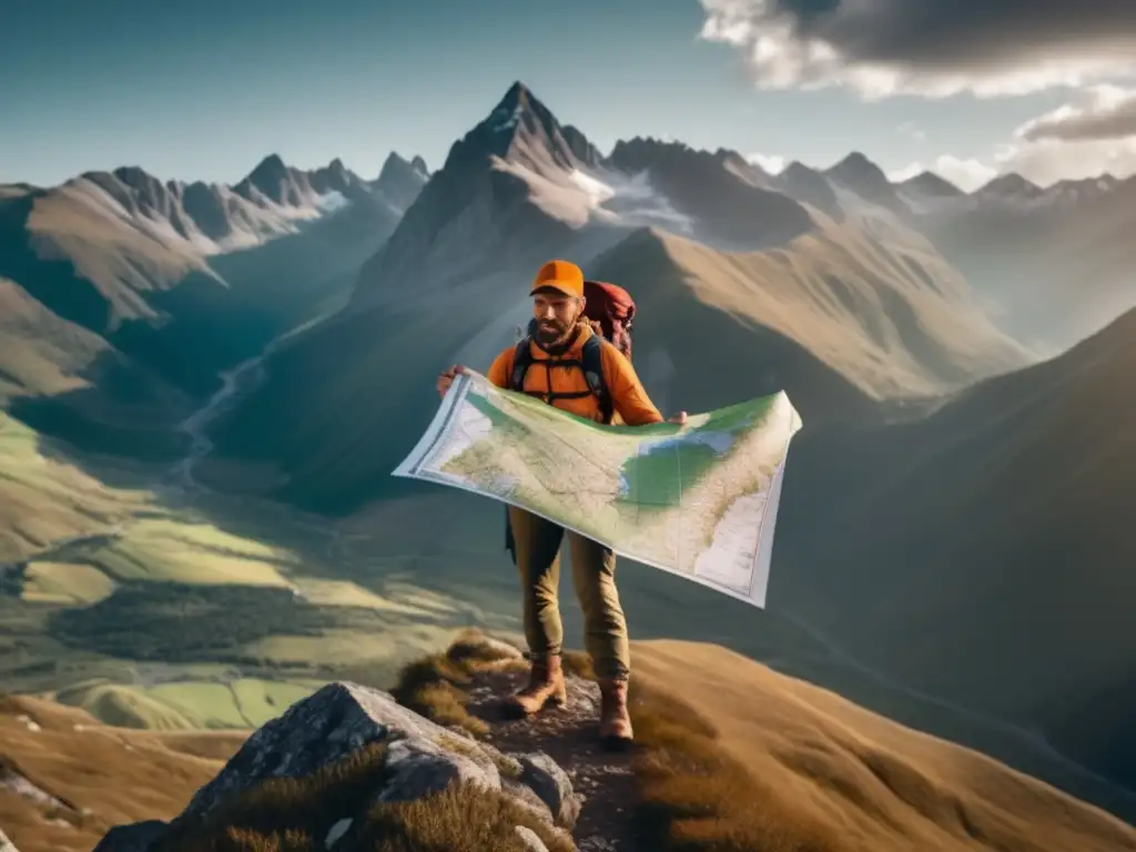 Hiker en montaña con mapa y brújula, comunicación de emergencia GPS, belleza de la naturaleza y tecnología