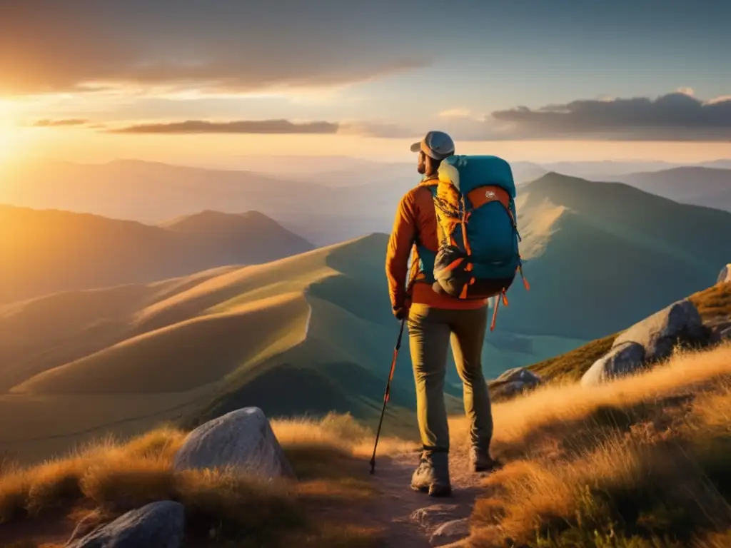 Beneficios de sistemas energía portátil en supervivencia al aire libre: hiker en montaña al amanecer con energía portátil