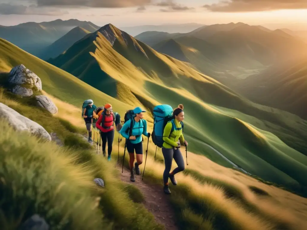 Beneficios sistemas energía portátil supervivencia aire libre, hikers en montañas al amanecer, vistas panorámicas