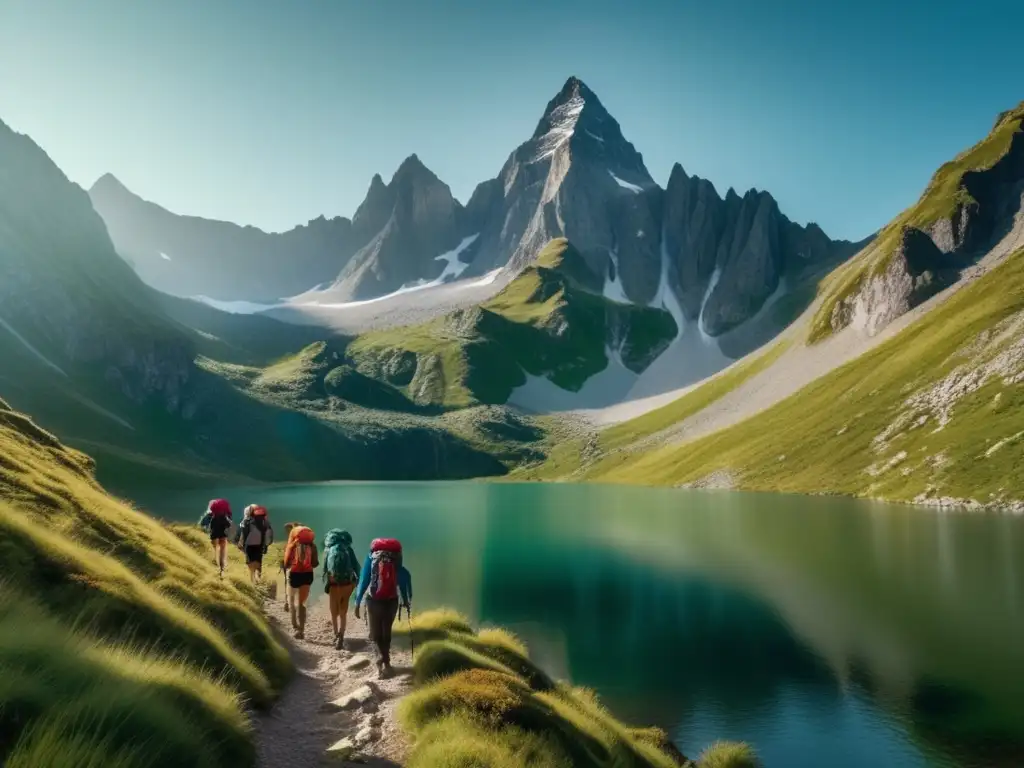 Grupo de senderistas en paisaje montañoso con laguna alpina y dispositivos de comunicación impermeables