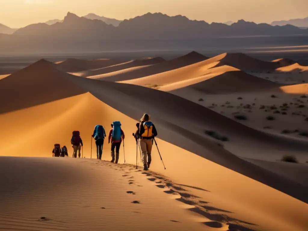 Hikers en desierto con sistemas de energía portátil para supervivencia