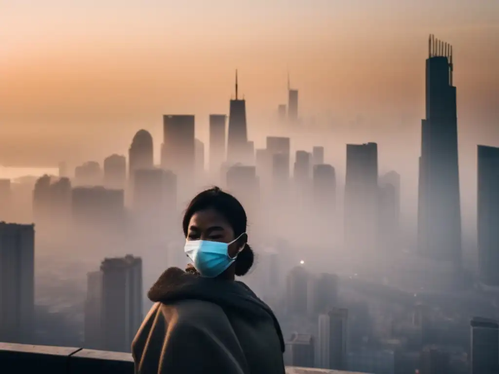 Impacto de la contaminación atmosférica en ciudad al amanecer, con smog denso, rascacielos apenas visibles y persona con mascarilla