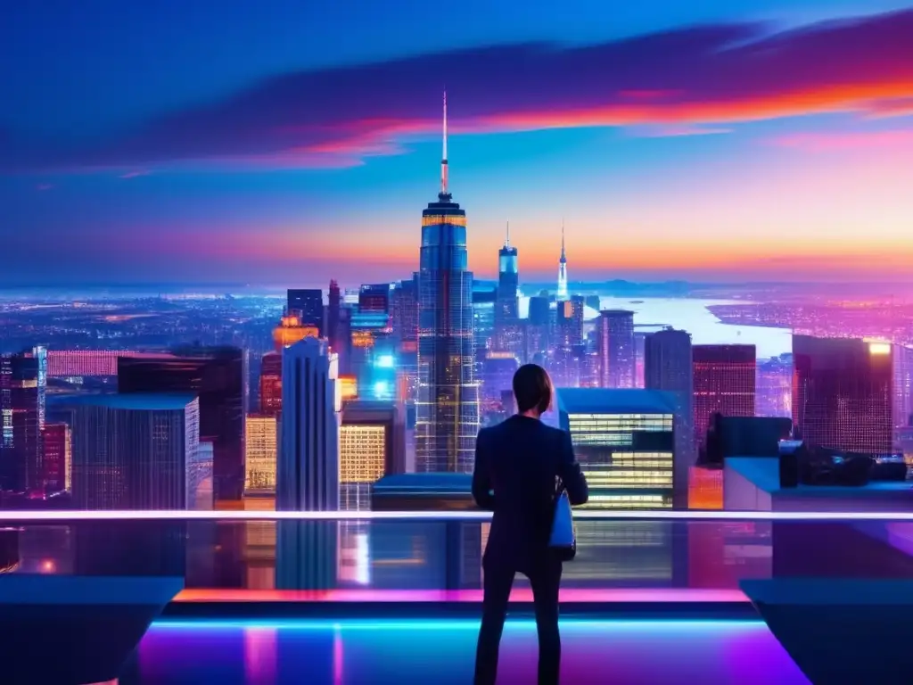 Vista panorámica de una ciudad moderna al atardecer, con rascacielos iluminados y una persona reflexiva en primer plano