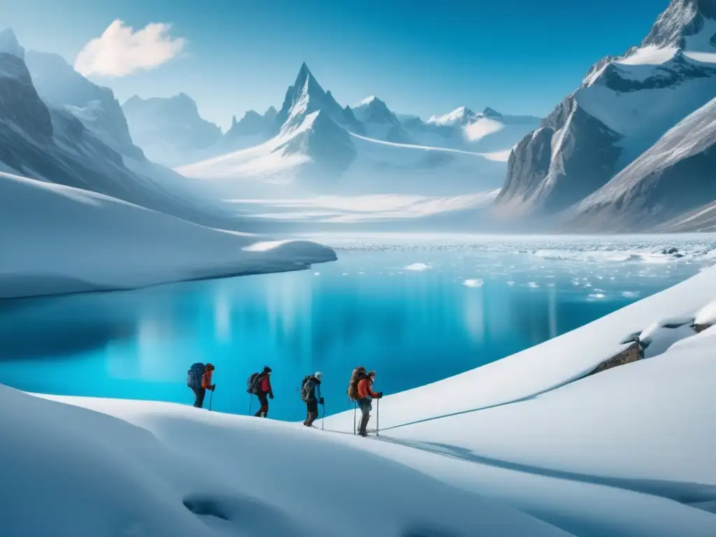 Grupo de aventureros en paisaje nevado, con instructores y participantes en cursos de supervivencia en zonas frías