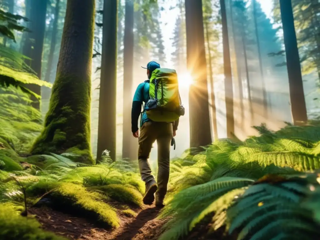 Utilización GPS en situaciones de emergencia: Bosque con árboles altos y frondosos, hiker con GPS en mano