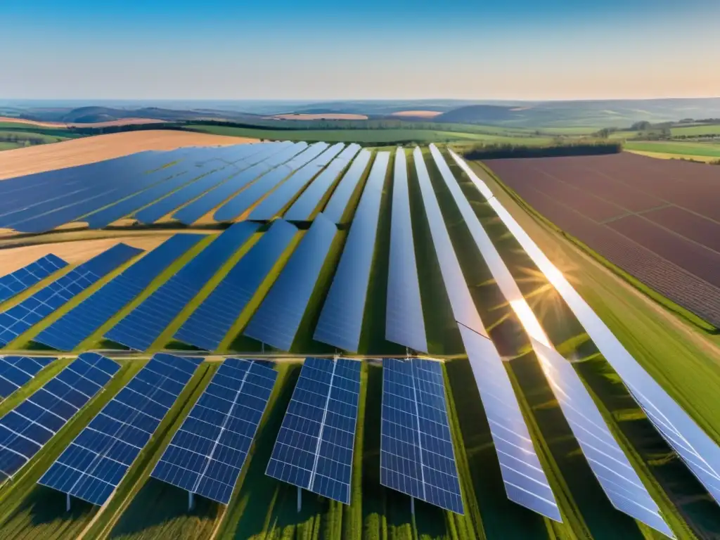 Paisaje rural con granja solar, molinos de viento y energía renovable para emergencias