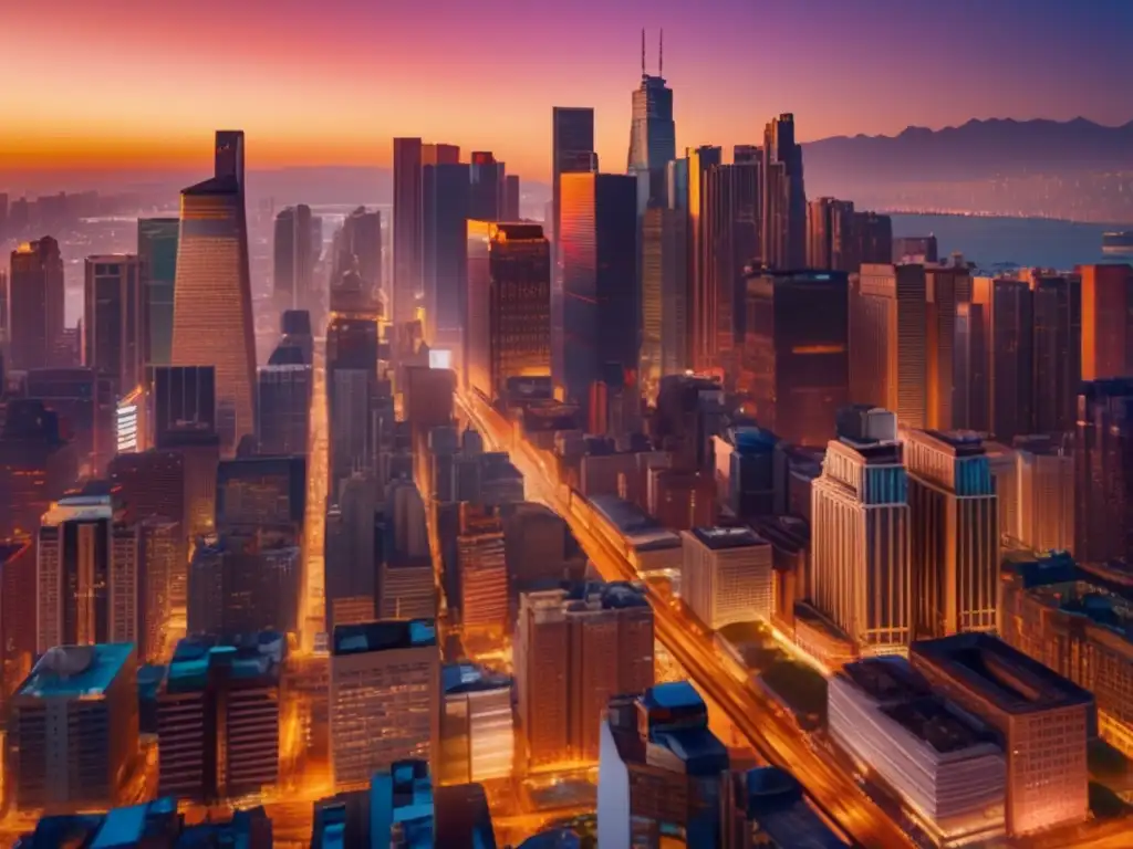 Preparación para colapso económico - Ciudad vibrante al atardecer con rascacielos, luces y señales de declive