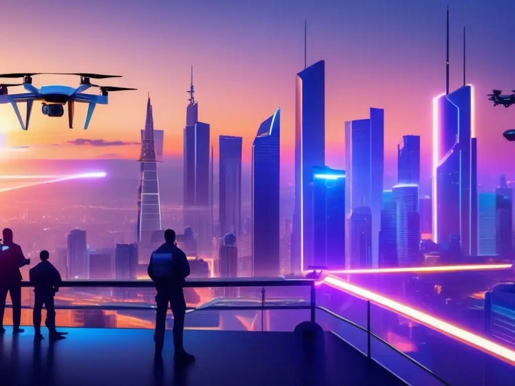 Drones de vigilancia: amenaza para la sociedad - Futurista ciudad con tecnología antidrones en acción