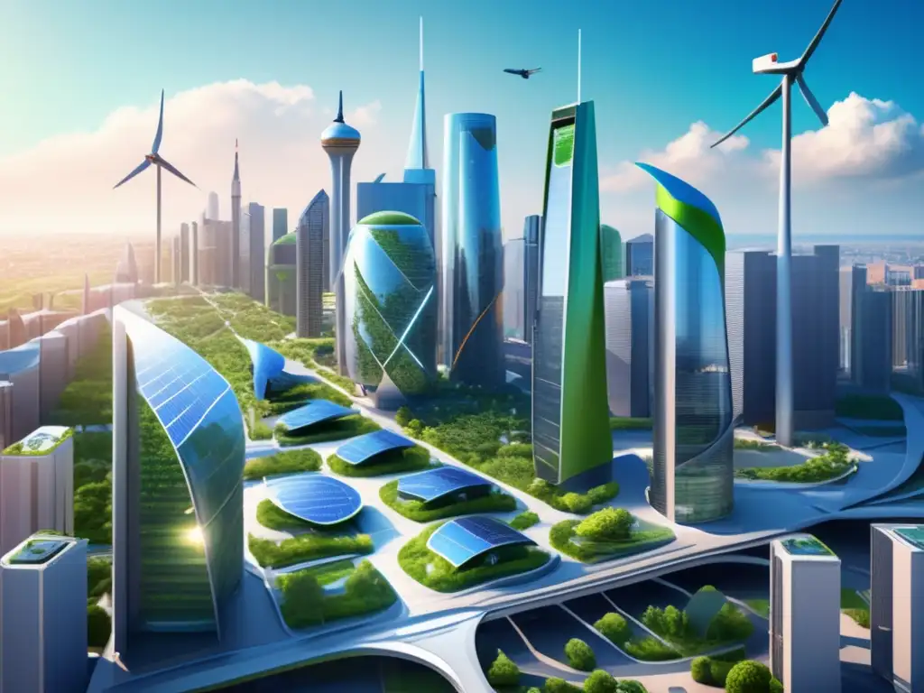 Estrategias de supervivencia ante cambio climático: Ciudad futurista con rascacielos, vegetación exuberante y energía renovable