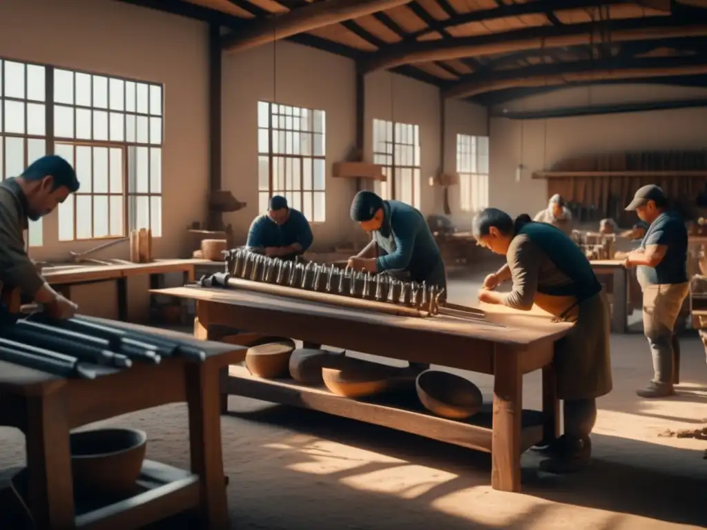 Construcción de armas de supervivencia en un taller moderno y vibrante con artesanos expertos y habilidosos