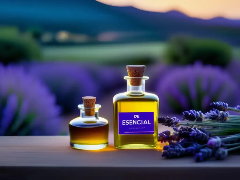 Repelente de insectos natural emergencia: Aceite esencial de citronela y eucalipto en botellas junto a campos de lavanda al atardecer