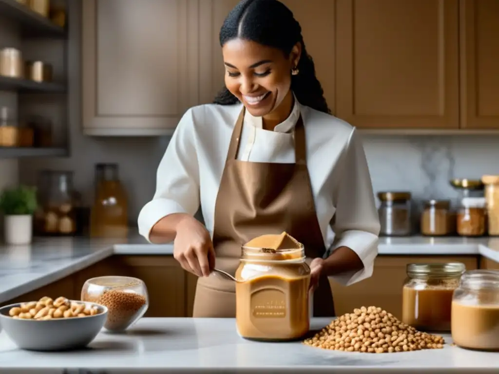 Preparación casera de mantequilla de maní: consejos y técnicas en una imagen detallada de cocina luminosa con persona, ingredientes y utensilios