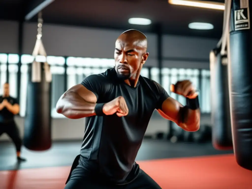 Practicante de Krav Maga concentrado en un gimnasio moderno, con uniforme negro, realizando un poderoso golpe