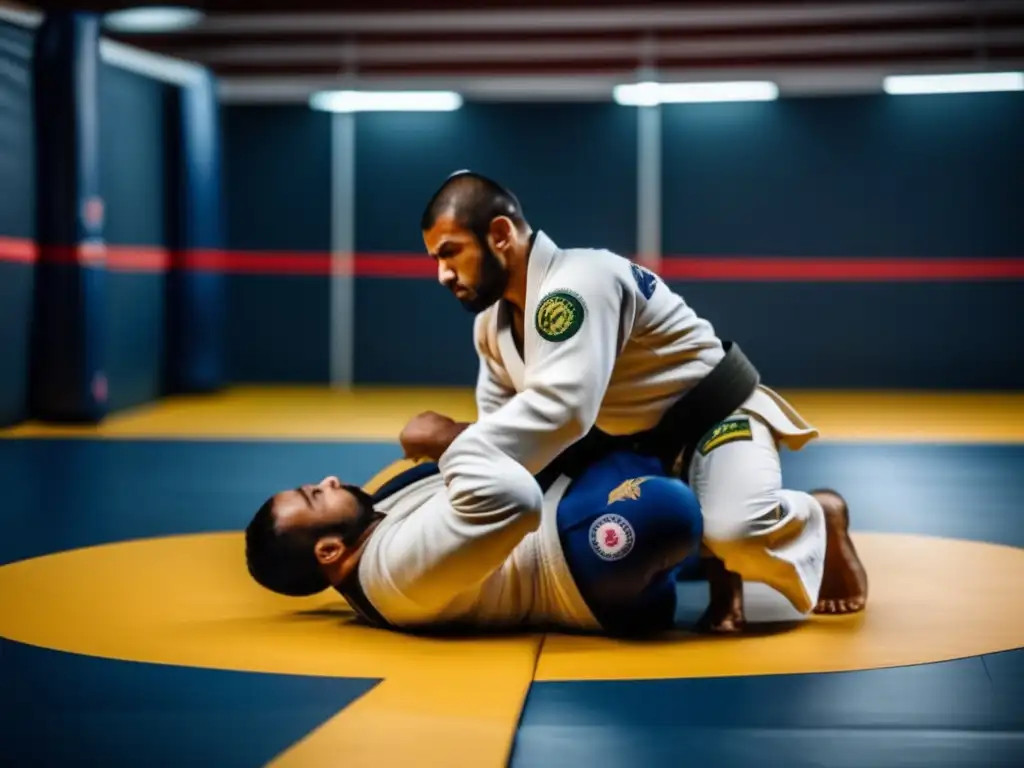 Defensa personal en JiuJitsu Brasileño: Intensa preparación física y mental en un gimnasio equipado (110 caracteres)