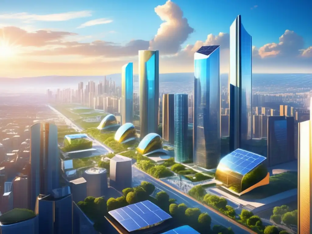 Una visión de futuro sostenible: ciudad con edificios de vidrio y acero, energía renovable, parque espacioso y sistemas de almacenamiento energético