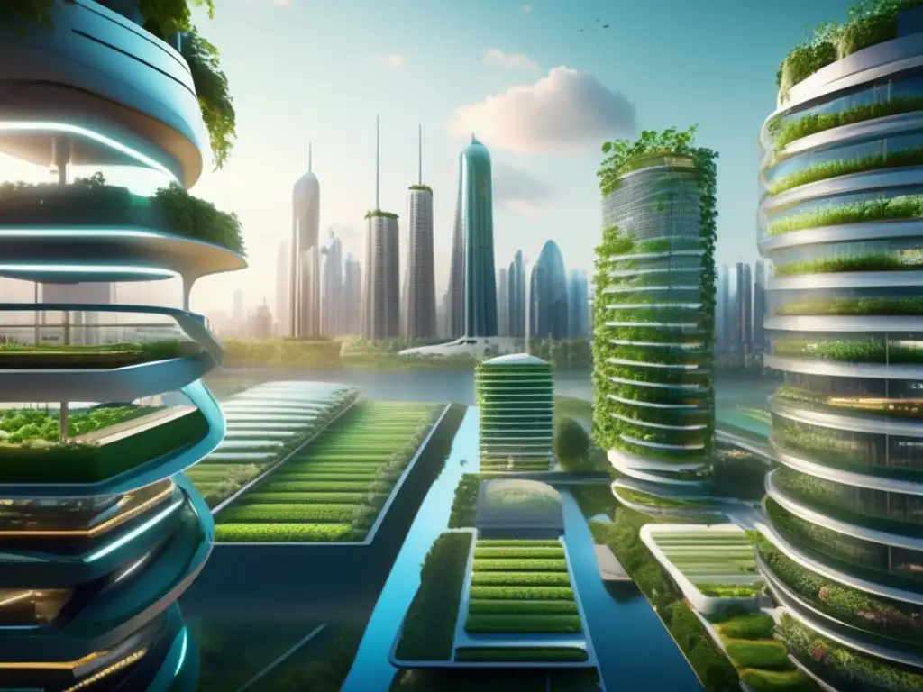 Ciudad futurista sostenible con tecnología avanzada y verde