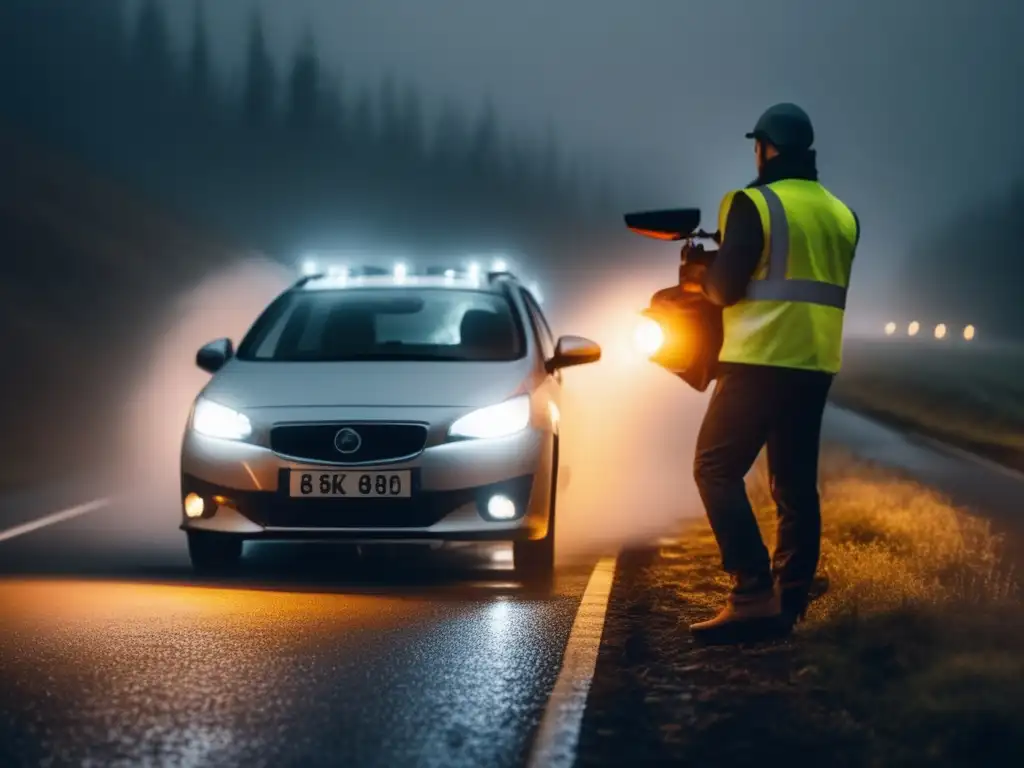 Importancia del kit de emergencia en vehículo - Coche averiado en niebla, persona inspeccionando motor con herramientas