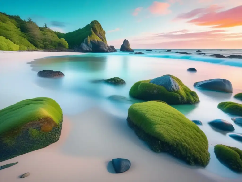 Paisaje costero sereno con playa, bosque verde y cielo anaranjado al atardecer