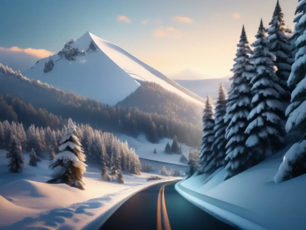 Un paisaje nevado con carretera, árboles y un automóvil en condiciones invernales