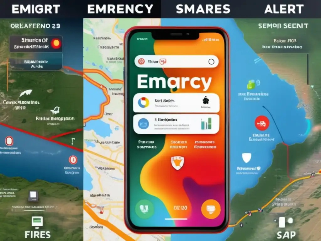 Aplicaciones móviles para emergencias preparacionistas: pantalla ultradetallada 8k con sistemas de alerta, mapas de emergencia y seguimiento GPS