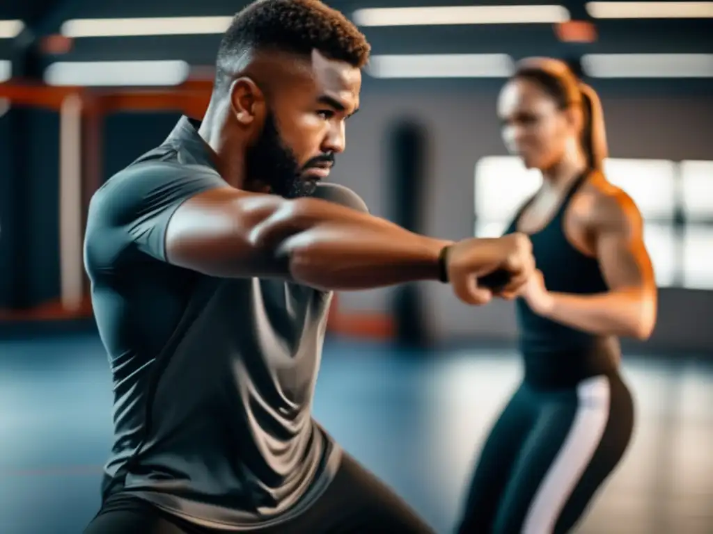 Persona practicando técnicas de defensa personal en un gimnasio moderno, con precisión y poder