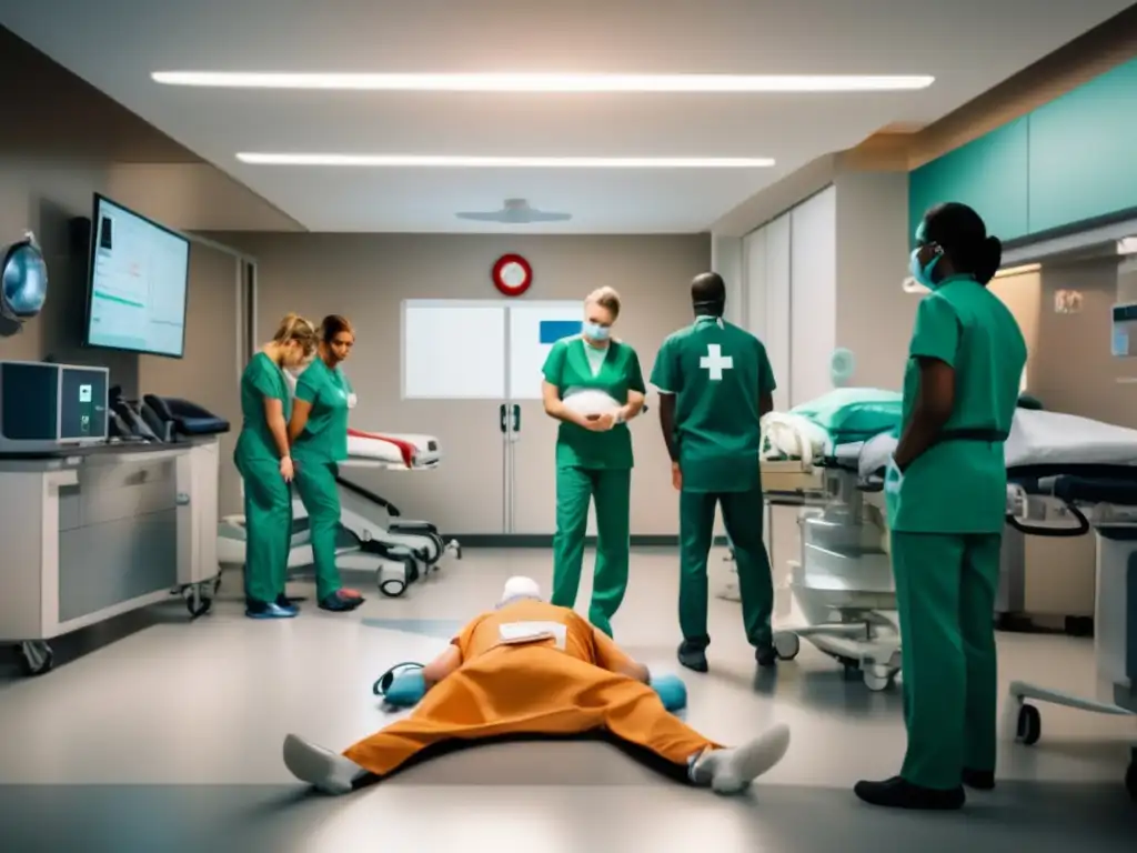 Sala de emergencias de hospital moderno con equipo médico y profesionales atendiendo enfermedades cardiacas (110 caracteres)