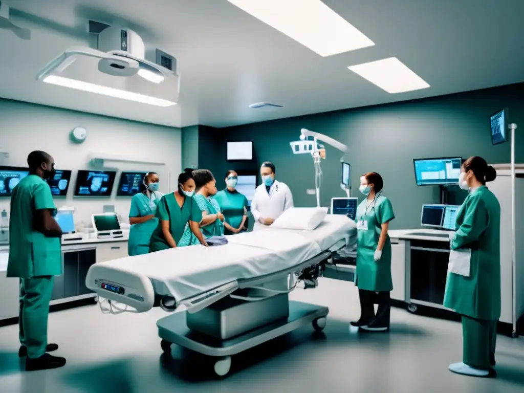 Escena de sala de emergencias moderna: equipo médico de última generación, profesionales atentos a paciente con hipertensión