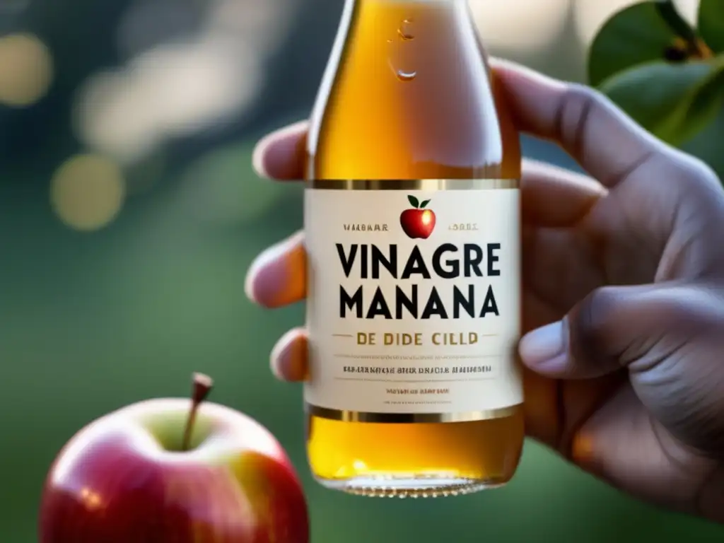 Persona sujetando botella de vinagre de manzana para remedios naturales, 8k resolución