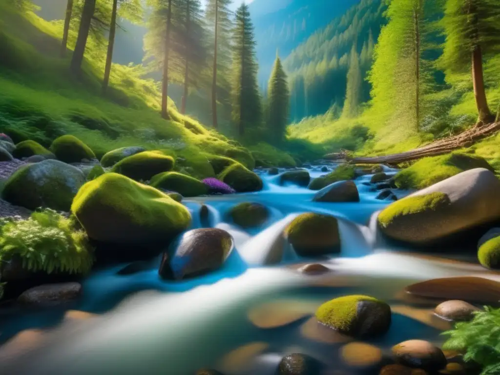 Una imagen impresionante muestra un arroyo de montaña cristalino y sereno, rodeado de un bosque exuberante y vibrante