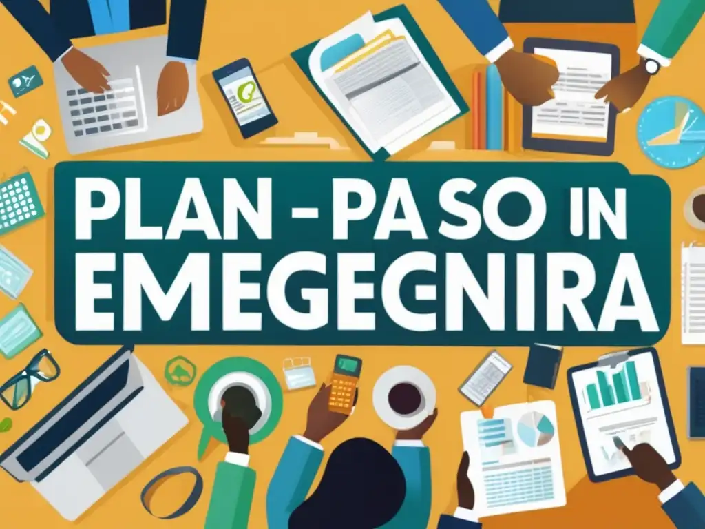 Imagen: Plan de emergencia financiera detallado con personas diversas generando ingresos y ciudad vibrante