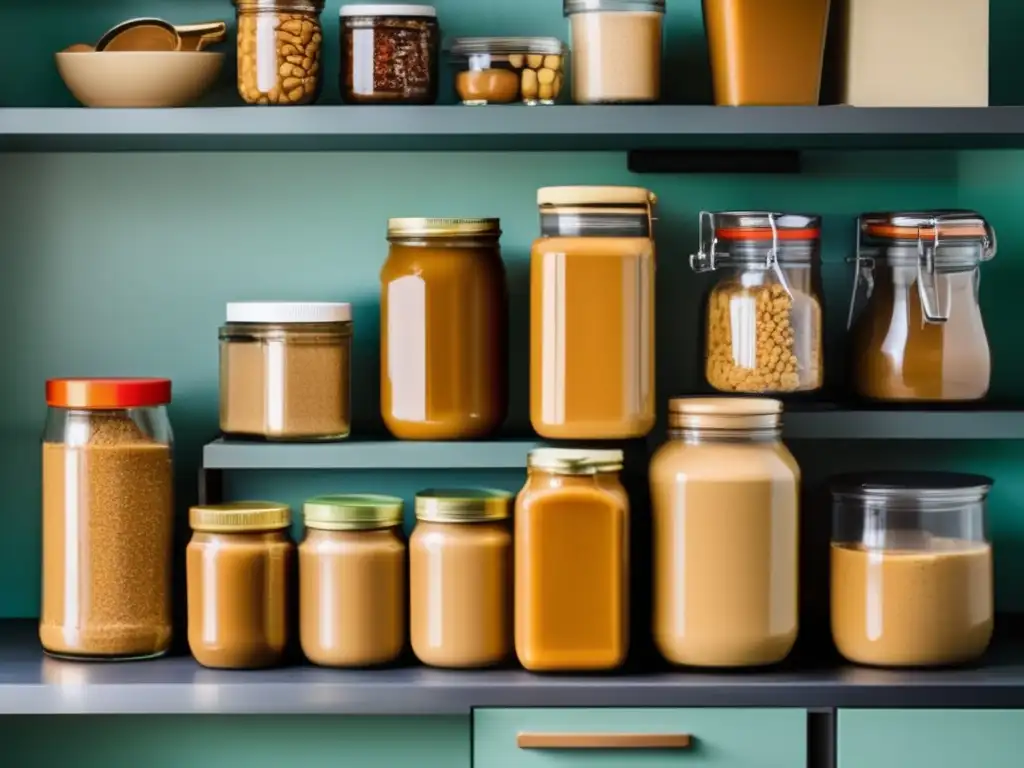 Preparación casera de mantequilla de maní: tipos de contenedores, colores vibrantes y cocina moderna