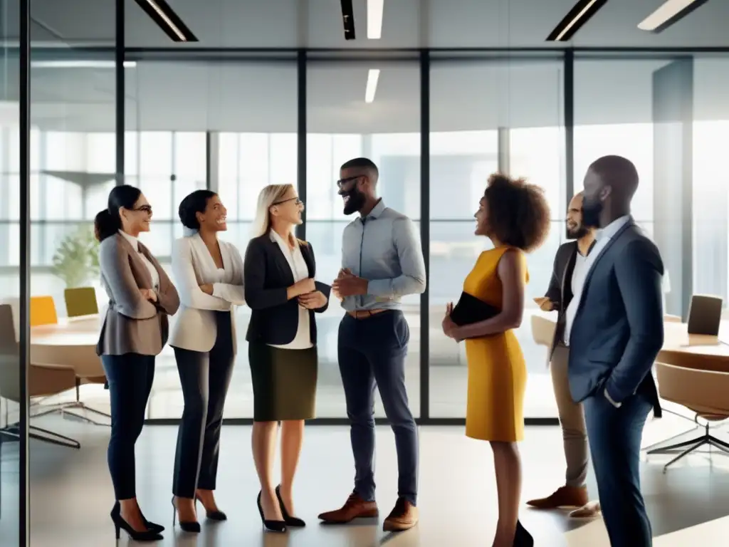 Equipo diverso en espacio de oficina, simbolizando beneficios de la diversidad en preparacionismo