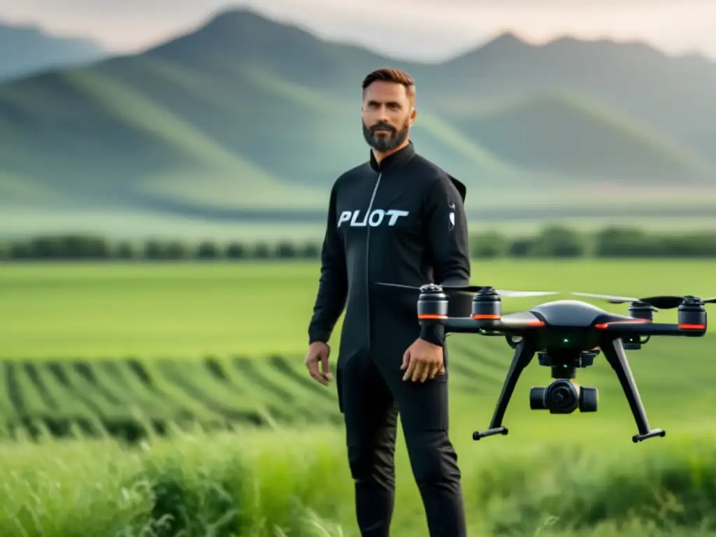 Piloto de drones con traje negro, montañas y naturaleza