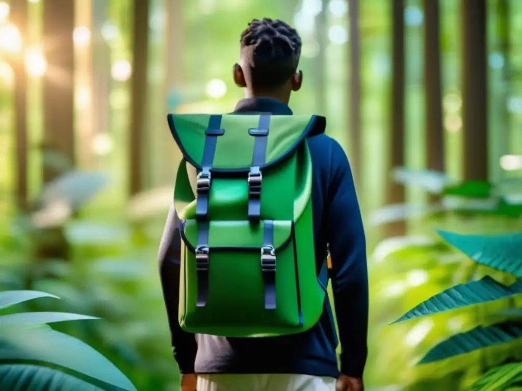 Kit supervivencia ecológico: persona en bosque con mochila reciclada