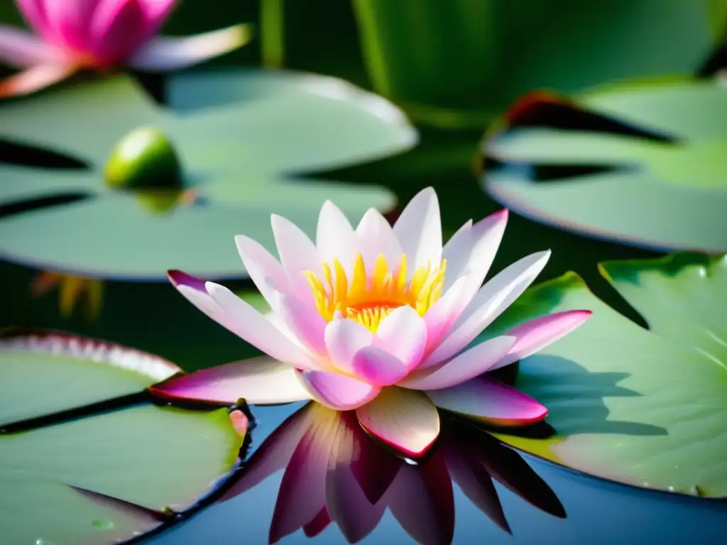 Purificación ecológica del agua con plantas, escena serena de un estanque cristalino rodeado de vegetación exuberante