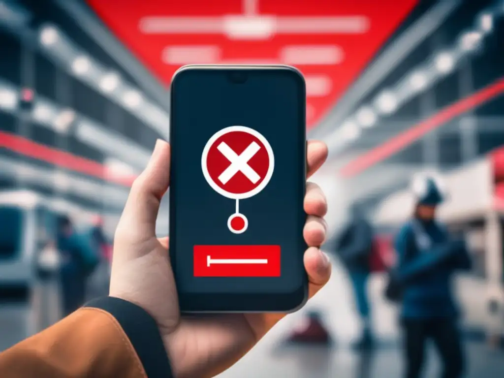 Imagen: Persona con smartphone y señal de red tachada en rojo, representando falla en comunicación