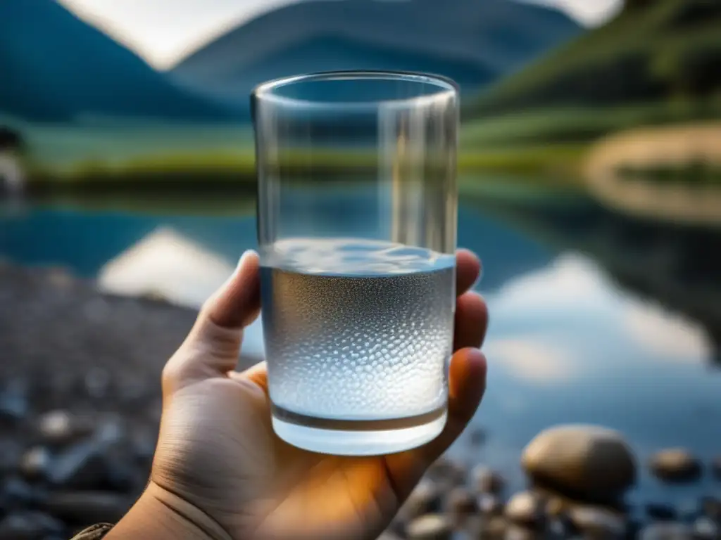 Filtro agua casero emergencia - Persona sostiene vaso transparente con agua cristalina pasando por filtros de carbón activado, grava, arena y cerámica