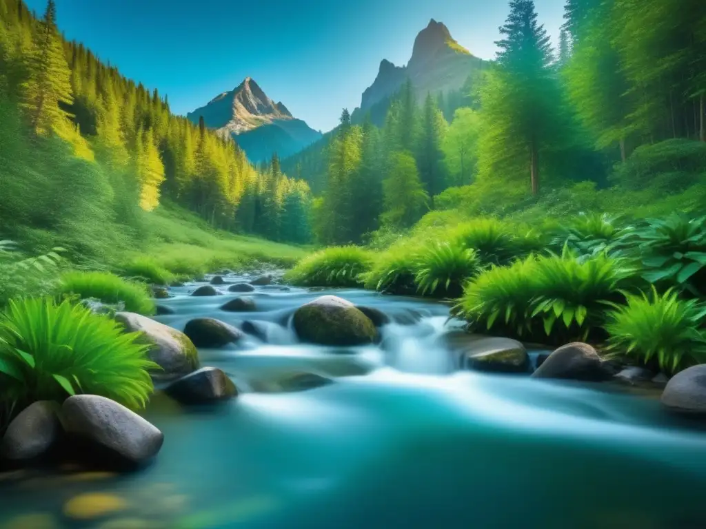 Hermoso arroyo de montaña en un bosque verde con agua pura y métodos efectivos de purificación de agua