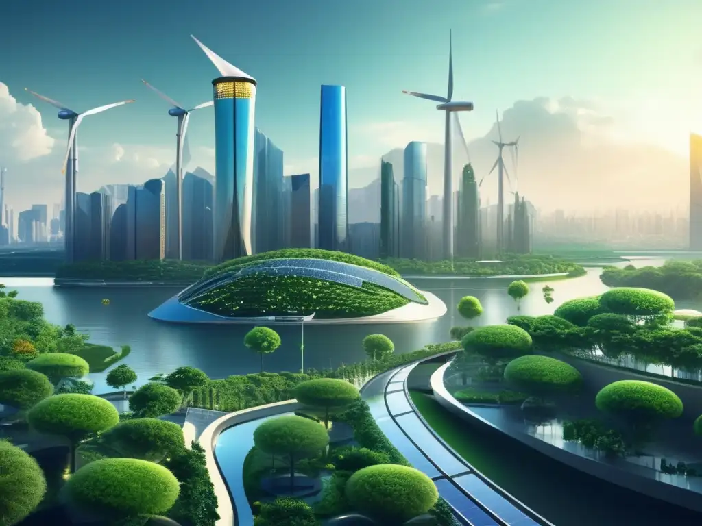 Ciudad futurista con arquitectura avanzada, naturaleza integrada, energías renovables y preparacionismo para el cambio climático